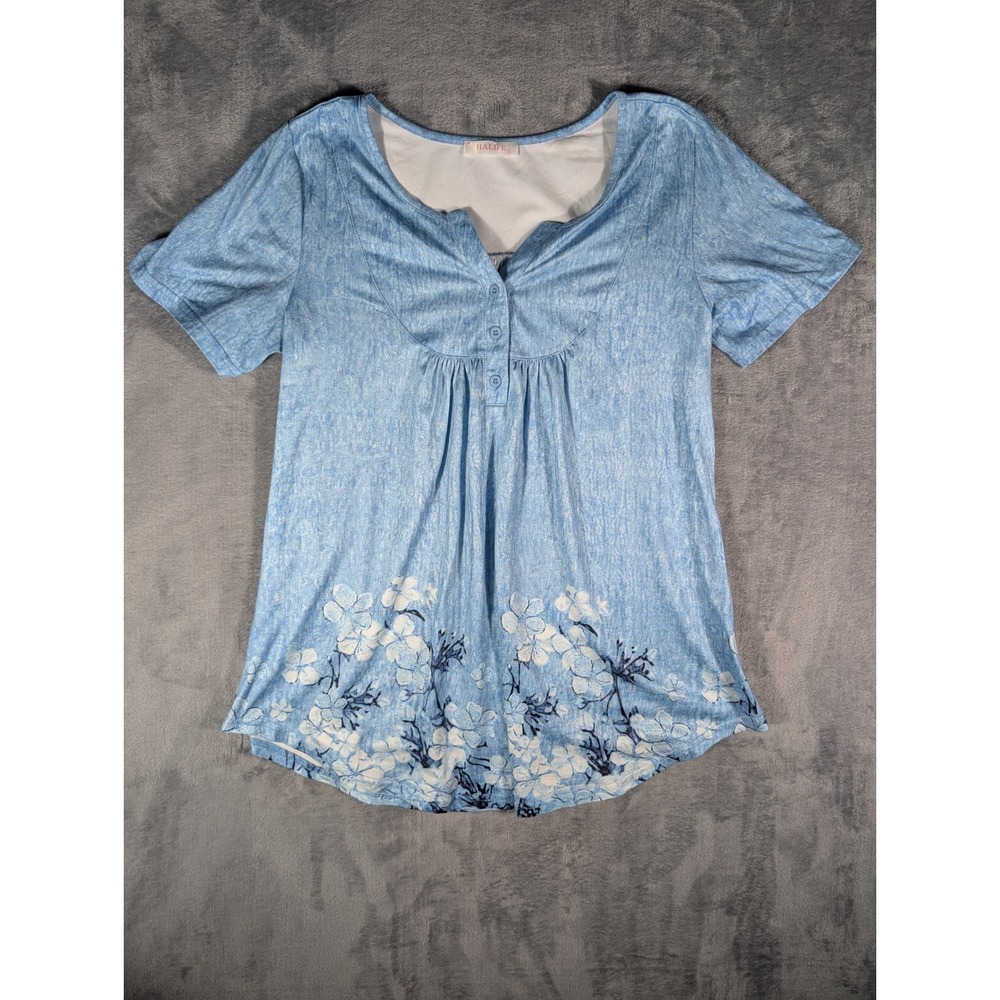 Halife Womens Blue Floral Henley Blouse Short Sleeve Acid Wash Pleated Top Large